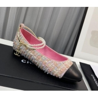 Top Grade Chanel Tweed Ballet Flat with Pearls Loop Pink 805023