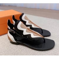 Most Popular Hermes Sandales Garden Leather Flat Sandals Black/Beige/White 426018