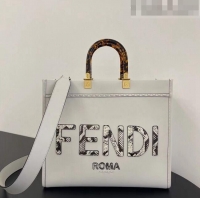 New Fashion Fendi Sunshine Leather Medium Shopper Bag with Python-Look Print F0078 White 2023