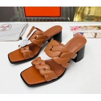 Top Quality Hermes Gaby Leather Heel Slide Sandals 6cm All 426019 Brown