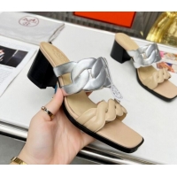 Low Price Hermes Gaby Leather Heel Slide Sandals 6cm 426021 Beige/Silver
