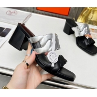 Low Cost Hermes Gaby Leather Heel Slide Sandals 6cm 426021 Black/Silver