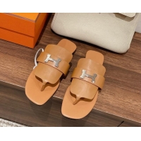 Best Quality Hermes Galerie Flat Thong Slide Sandals in Calfskin Brown 525117