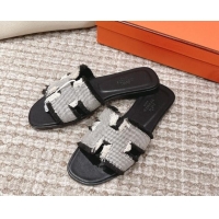 Sophisticated Hermes Classic Flat Slide Sandals in Fringe Fabric Black 525146