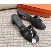 Luxury Hermes Classic Oasis Denim Heel Slide Sandals 4.5cm Black 0525149