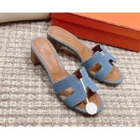 Stylish Hermes Classic Oasis Denim Heel Slide Sandals 4.5cm Light Blue 0525150