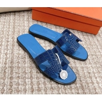 Pretty Style Hermes Classic Flat Slide Sandals in Crocodile Embossed Leather Blue 525153