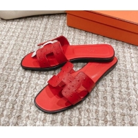 Pretty Style Hermes Classic Flat Slide Sandals in Ostrich Embossed Leather Red 525157