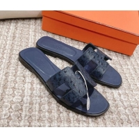 Luxurious Hermes Classic Flat Slide Sandals in Ostrich Embossed Leather Dark Blue 525160