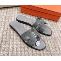 Good Quality Hermes Classic Flat Slide Sandals in Ostrich Embossed Leather Grey 525161