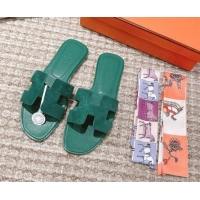Charming Hermes Classic Oran Suede Flat Slide Sandals  0525167 Green