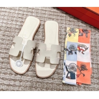 Classic Hot Hermes Classic Oran Calfskin Flat Slide Sandals White 530032