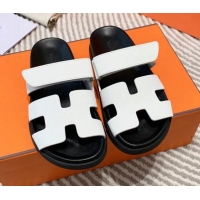 Discount Hermes Chypre Flat Sandals in Smooth Leather White/Black 0531020