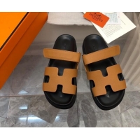 Top Design Hermes Chypre Slide Sandals in Palm-Grained Leather Brown/Black 620117