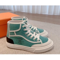 Luxurious Hermes Get Up High-top Sneakers in Suede and Calfskin Light Blue/White/Black Heel Tab 620148