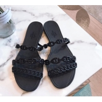 Luxurious Hermes PVC Flat Slide Sandals 704030 Black