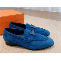 Luxury Discount Hermes Royal Loafers in Denim and Leather Blue 711094