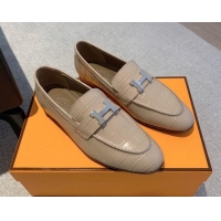 Stylish Hermes Paris Embossed Leather Loafers Beige 711096