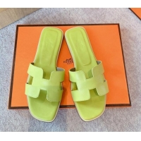 1:1 Hermes Classic Oran Flat Slide Sandals in Calf Leather Neon Green 711106