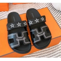 Shop Duplicate Hermes Chypre Leather Flat Slide Sandals with Star Black 728013