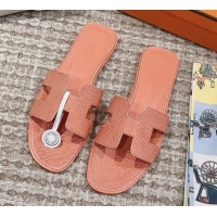 Discount Hermes Classic Oran Flat Slide Sandals in Lizard Embossed Leather Orange Yellow 814040