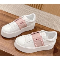 Perfect Valentino Flatform Rockstud Untitled Sneakers with Light Pink Stripe in White Calfskin 0427016