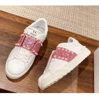 Best Grade Valentino Untitled Rockstud Sneakers with Pink Sequins Stripe in White Calfskin 427033
