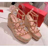 Top Design Valentino Rockstud Ankle Strap Wedge Sandals 10cm in Calfskin Pink/Gold 613163
