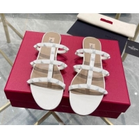Popular Style Valentino Rockstud Patent Leather Flat Slide Sandals All White 613184