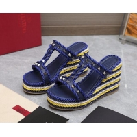 Pretty Style Valentino Rockstud Wedge Slide Sandals 9.5cm in Calfskin Blue 626008