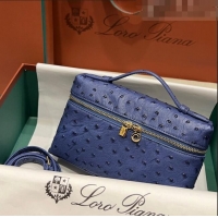 Top Quality Loro Piana Extra Pocket L19 Pouch in Ostrich Pattern Calfskin LP5435 Blue/Gold 2023