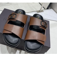 Shop Duplicate Valentino Vlogo Slide Sandals in Leather Strap Brown 712053