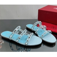 Perfect Valentino Rockstud Flat Slide Sandals in Leather and Clear PVC Light Blue 725037