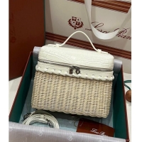 Best Price Loro Piana Extra Pocket Pouch L19 in Wicker and Crocodile Embossed Calfskin LP5457 White 2023