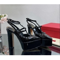 Popular Style Valentino Rockstud Pointed Platform Pump 15.5cm in Patent Leather All Black 809012
