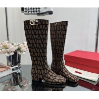 Sophisticated Valentino VLogo Type Heel High Boots 3cm in Toile Iconographe Fabric Brown 814121