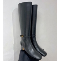 Discount Valentino VLogo Tan-Go Calfskin High Boots 6cm with Mini-Logo Strap Black 821086