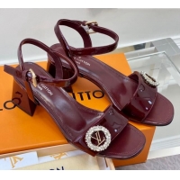 Top Design Louis Vuitton Patent Leather Heel Sandals 5.5cm with Crystal LV Circle Burgundy 607125