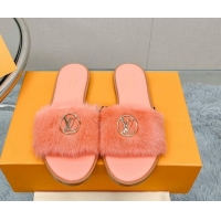 Good Quality Louis Vuitton LV Mink Fur Flat Slide Sandals Peachy Pink 609051