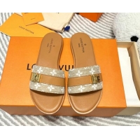 Stylish Louis Vuitton Lock It Flat Slide Sandals in Monogram Denim Brown 625069