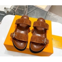 Luxury Louis Vuitton Bom Dia Flat Comfort Slide Sandals in Monogram Suede Cognac Brown 625072