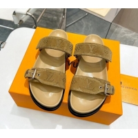 Unique Discount Louis Vuitton Bom Dia Flat Comfort Slide Sandals in Monogram Suede Khaki 0625073