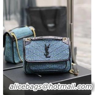 Promotional SAINT LAUREN NIKI SMALL CHAIN BAG IN Tweed LEATHER 933151 blue