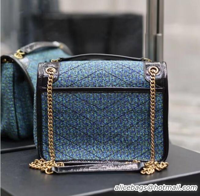 Promotional SAINT LAUREN NIKI SMALL CHAIN BAG IN Tweed LEATHER 933151 blue