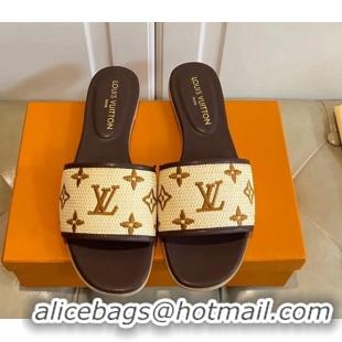 Popular Style Louis Vuitton Flat Slide Sandals in Straw and Lambskin Brown 711144