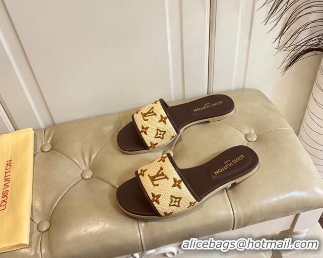 Popular Style Louis Vuitton Flat Slide Sandals in Straw and Lambskin Brown 711144