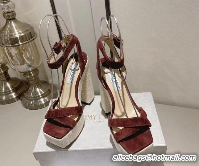 Good Quality Jimmy Choo Gaia Suede High Heel Platform Sandals 14cm with Knit Block heel Brown 728001