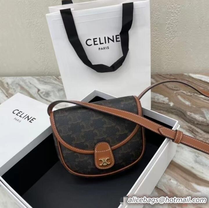 Buy Inexpensive Celine MINI BESACE IN TRIOMPHE CANVAS AND CALFSKIN 196702 TAN