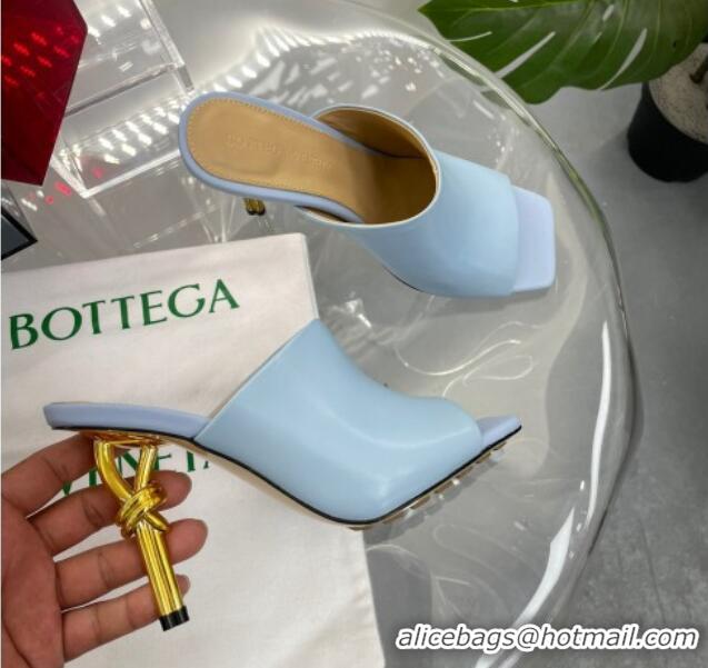 Fashion Bottega Veneta Knot Leather Heel Slide Sandals 9cm Light Blue 619047