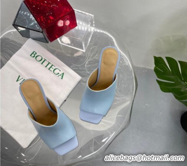 Fashion Bottega Veneta Knot Leather Heel Slide Sandals 9cm Light Blue 619047